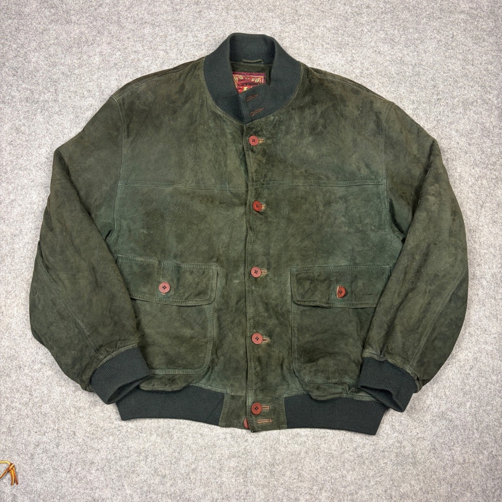 The Territory Ahead Forest Green Suede Leather Bomber Jacket Mens Large